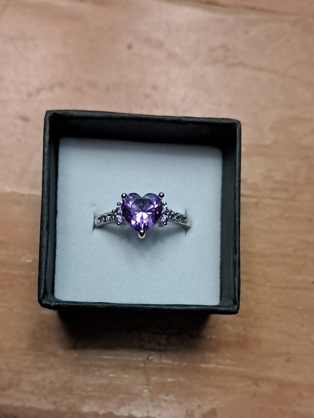 Amethyst Heart-Cut Purple Crystal Ring for Women - Silver Tone Size 7